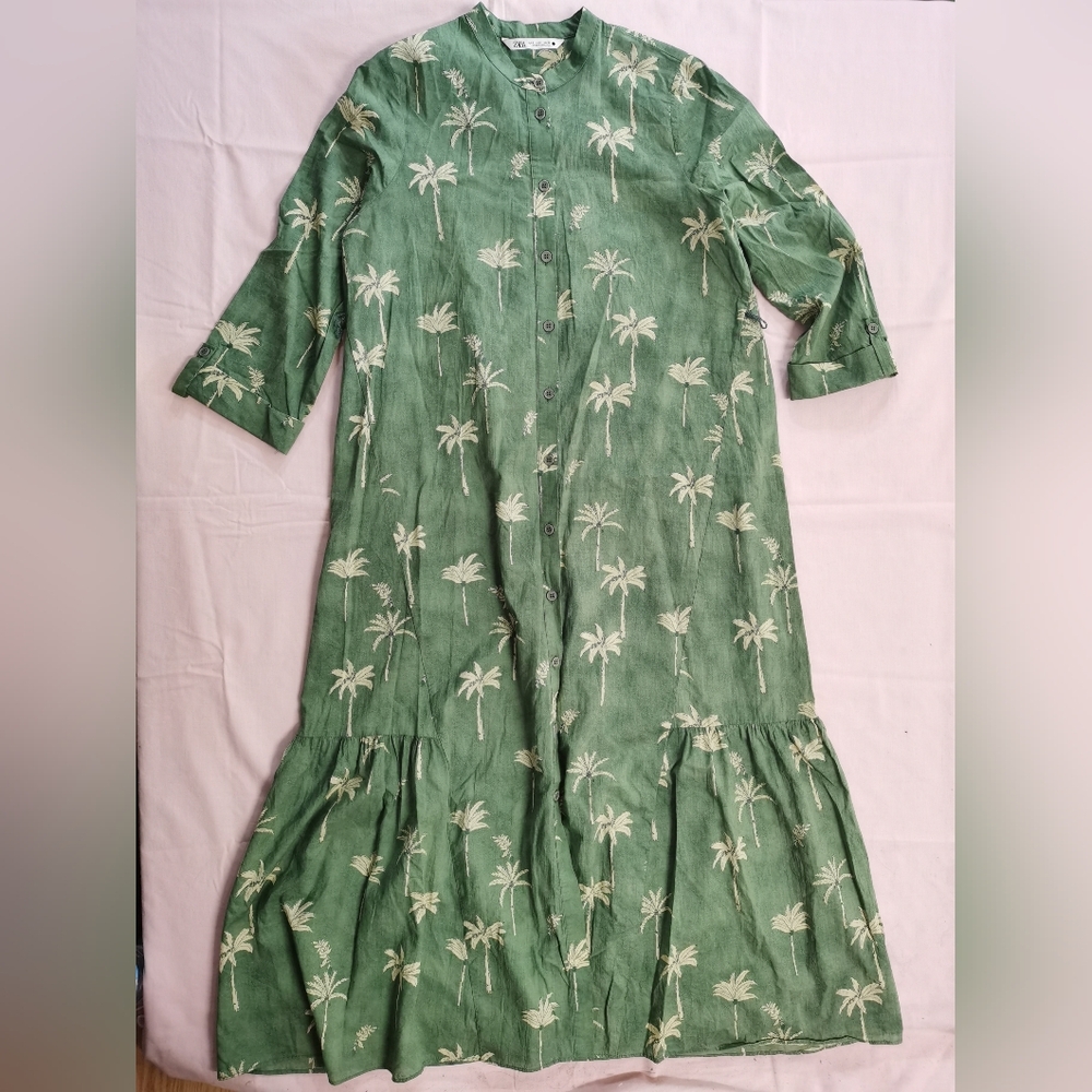 Zara Women's ZW Collection Printed Dress S Green